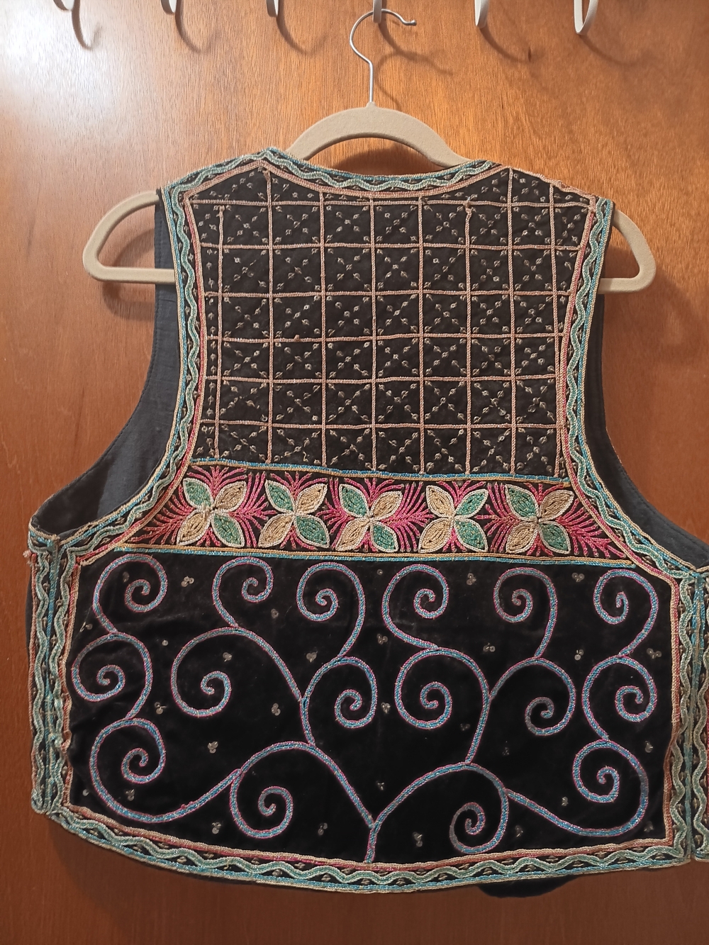 Embroidered Black Velvet Women's Tank Top Vest with Multicolor Floral Detail
